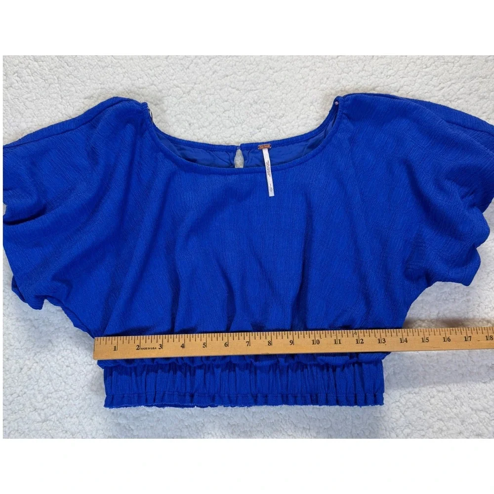 Free People Tovah Royal Blue‎ Crop Top S Smocked Hem Flutter Sleeve Crepe Blouse